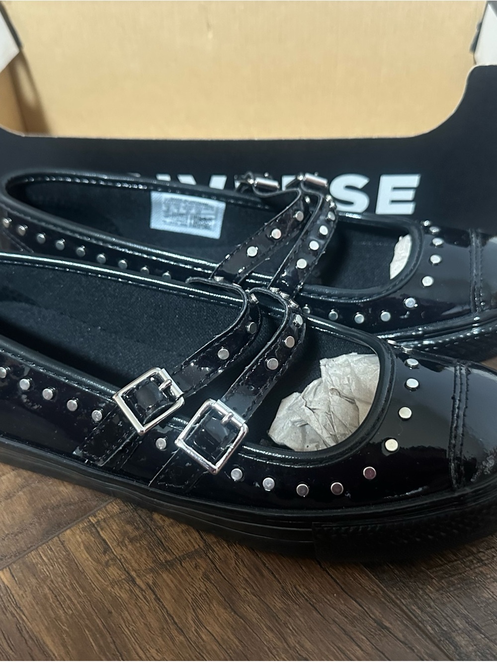 Converse Black Patent Mary Jane Flats with Silver Studs and Buckles